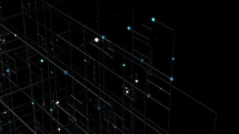 3d render of grid with bright sphere on the edges. Complex technology structu Stock Illustration