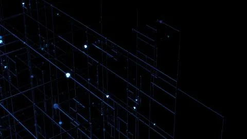 3d render of grid with bright sphere on the edges. Complex technology structu Stock Illustration