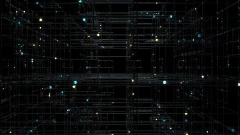 3d render of grid with bright sphere on the edges. Complex technology structu Illustrazione stock