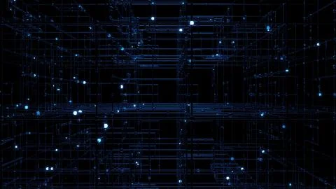 3d render of grid with bright sphere on the edges. Complex technology structu Illustrazione stock