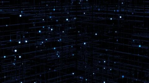 3d render of grid with bright sphere on the edges. Complex technology structu Stock Illustration