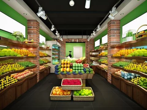 3d render grocery vegetables fruits shop Stock Illustration