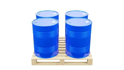 3d render of a group of blue metal barrels on a pallet. Stock Illustration