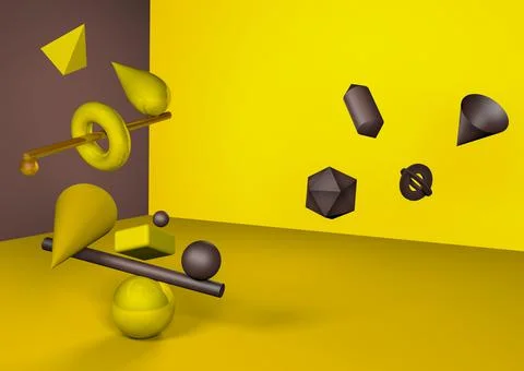 3D render. Group of geometric figures in equilibrium, toroid, cone, cone, rec Stock Illustration