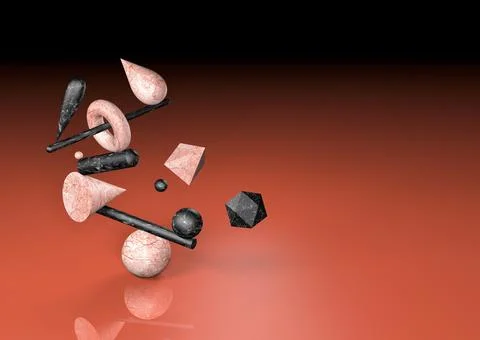 3D render. Group of geometric figures in equilibrium, toroid, cone, cone, rec Stock Illustration