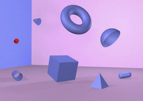 3D render. Group of geometric figures, toroid, cone, cone, rectangle, sphere, Stock Illustration