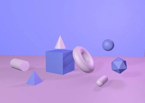 3D render. Group of geometric figures, toroid, cone, cone, rectangle, sphere, Stock Illustration