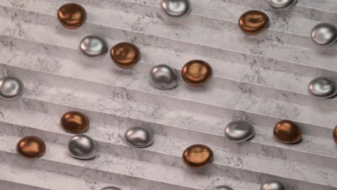 3d render of a group of metallic soft balls falling down a marble staircase. Stock Footage 151425783