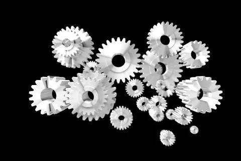 3D render group of silver metal gear on black background 库存插图
