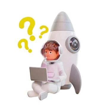 3d render of a guy in an astronaut suit sitting against a rocket thinking with a Illustrazione stock