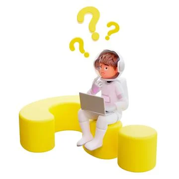3d render of a guy in an astronaut suit sitting on a yellow question mark thinki 스톡 일러스트