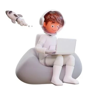 3d render of a guy in an astronaut suit sitting on a bean bag with a laptop and 스톡 일러스트