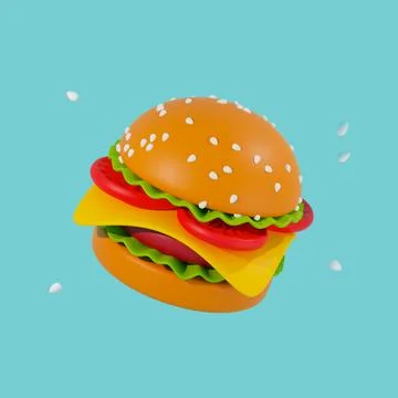 3d render of a hamburger on a blue background. juicy burger with sesame seeds Stock Illustration