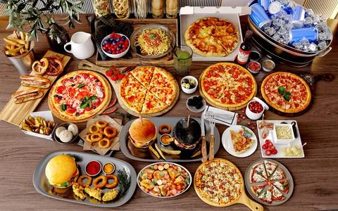 3d render of hamburger pizza fast foods Stock Photos