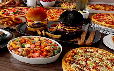 3d render of hamburger pizza fast foods Stock Photos