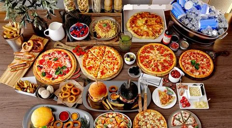 3d render of hamburger pizza fast foods Stock Photos