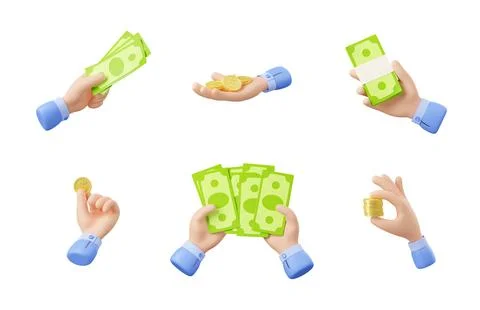 3d render hand with coins and bills isolated set Stock Illustration