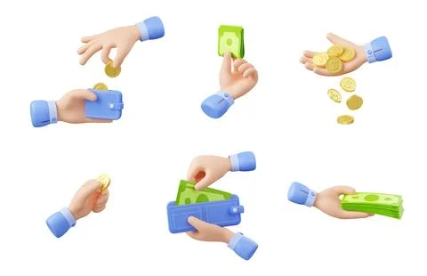 3d render hand with coins and bills isolated set Stock Illustration
