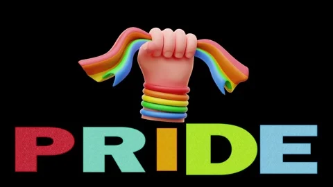 3D Render Hand Fist with Rainbow Ribbon and Pride Text on Black Background Stock Footage 340283421