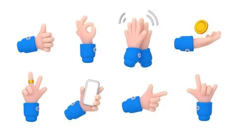 3d render hand gestures clap, ok, peace, thumb up Stock Illustration