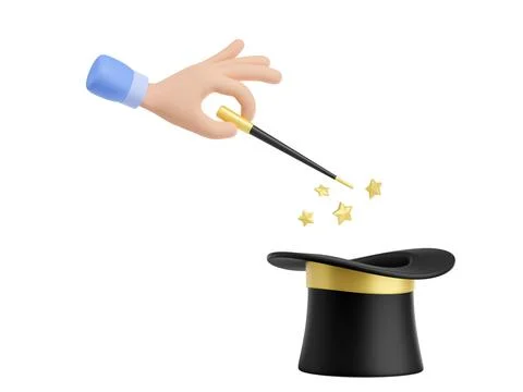3d render hand holding magic wand over top hat Ilustração Stock