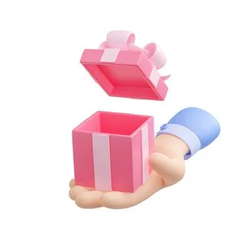 3d render hand holding open gift box with ribbon Stock Illustration