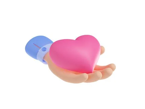 3d render hand holding pink heart on open palm Illustrazione stock