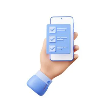 3D render hand holding smartphone with checklist 스톡 일러스트