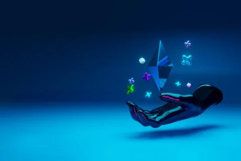 3d render. The hand holds the ethereum sign. blockchain and Cryptocurrency Ilustración de archivo