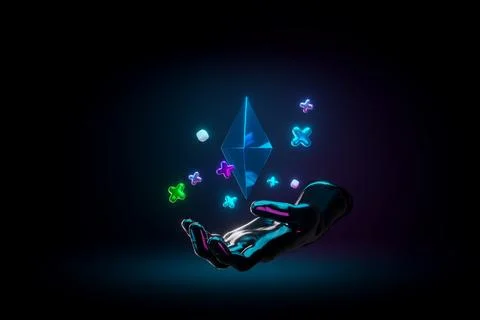 3d render. The hand holds the ethereum sign. Cryptocurrency and blockchain Stock Illustration