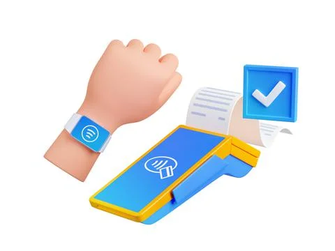 3d render hand paying with smart watch on pos Stockillustratie