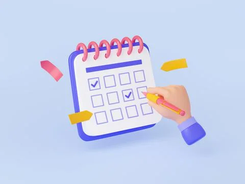 3d render hand with pencil put marks in calendar Illustrazione stock