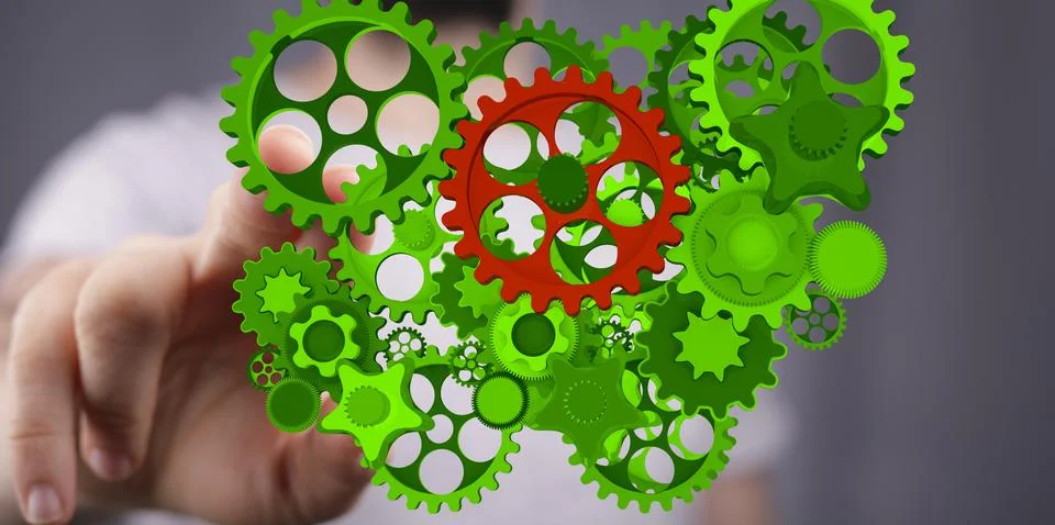 3D render of a hand pointing to the abstract mechanism gears 스톡 사진