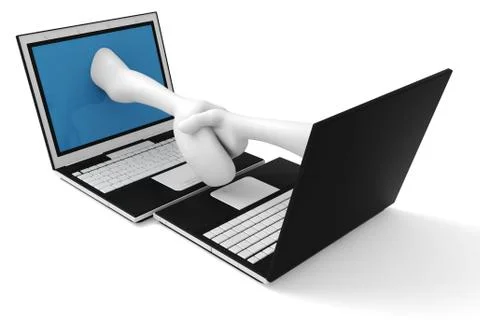 3d render of a hand pop'ing out from a notebook screen Stock Illustration