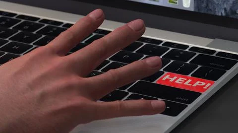 3d render. Hand press on the red button with the inscription HELP on the keyb Stock Photos