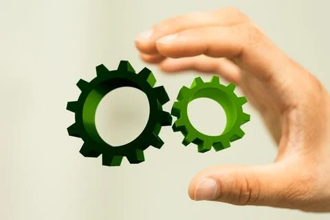 3d render of hand touching green digital gears 스톡 사진