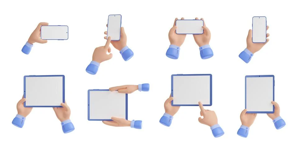 3d render hands holding electronic devices set Stock Illustration