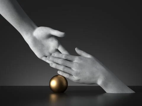 3d render, handshake gesture and golden ball, mannequin hands interaction Stock Illustration