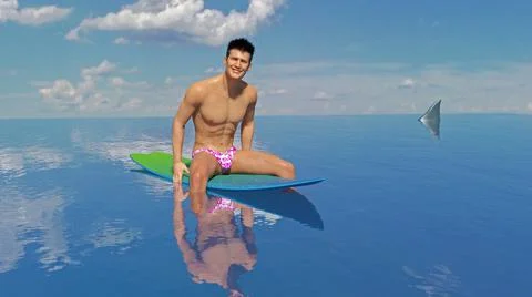 3D Render : A handsome young man and the shark Illustrazione stock