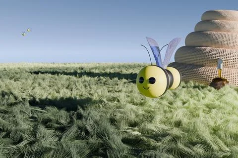 3d render of happy bee and honey flowing Ilustração Stock