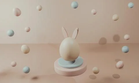 3D render. Happy Easter. cute cartoon Easter composition. Bunny ears and painted Stockillustratie