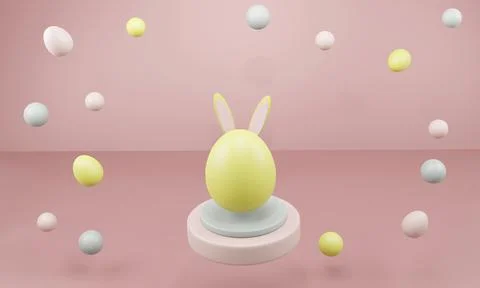 3D render. Happy Easter. cute cartoon Easter composition. Bunny ears and painted Stockillustratie