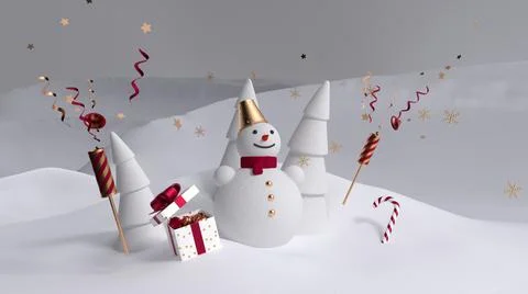 3d render, happy snowman character holds blank banner, decorated with stack o Stock Illustration