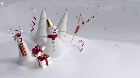 3d render, happy snowman character holds blank banner, decorated with stack o Illustrazione stock