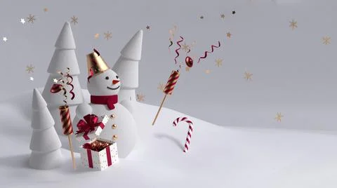 3d render, happy snowman character holds blank banner, decorated with stack o Illustrazione stock