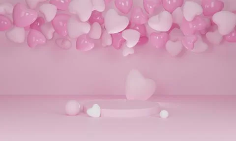3d render. Heart on pink podium on pastel background. Abstract minimal geomet Stock Illustration