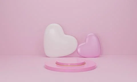 3d render. Heart on pink podium on pastel background. Abstract minimal geomet Stock Photos