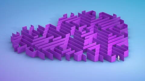 3D Render of Heart Shaped Labyrinth where a Woman Figures Enters Inside Stock Illustration