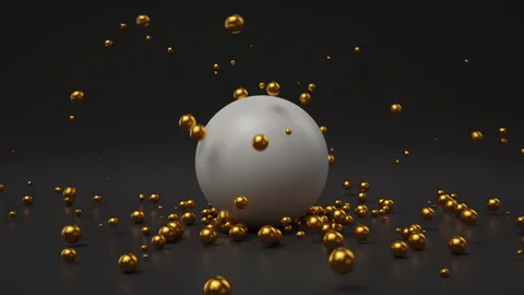 3d render, heavy white sphere falls down, small golden balls jumping Video stock 132718927