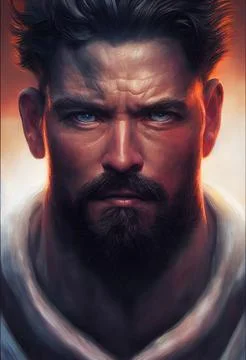 3D render of a heroic blue-eyed fantasy god with a dark beard, ready to face the Stock Illustration
